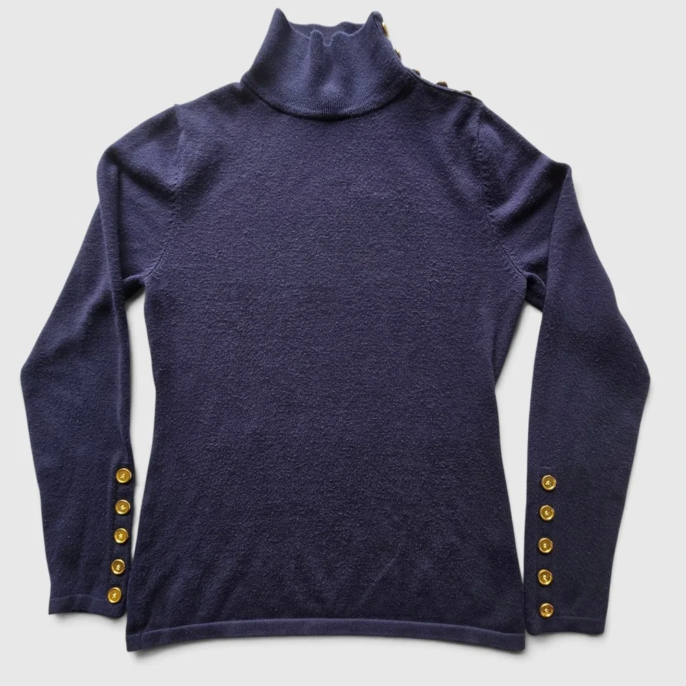 Cielo Navy Blue Turtleneck Sweater Gold Button Detail Soft Knit Womens S Preppy